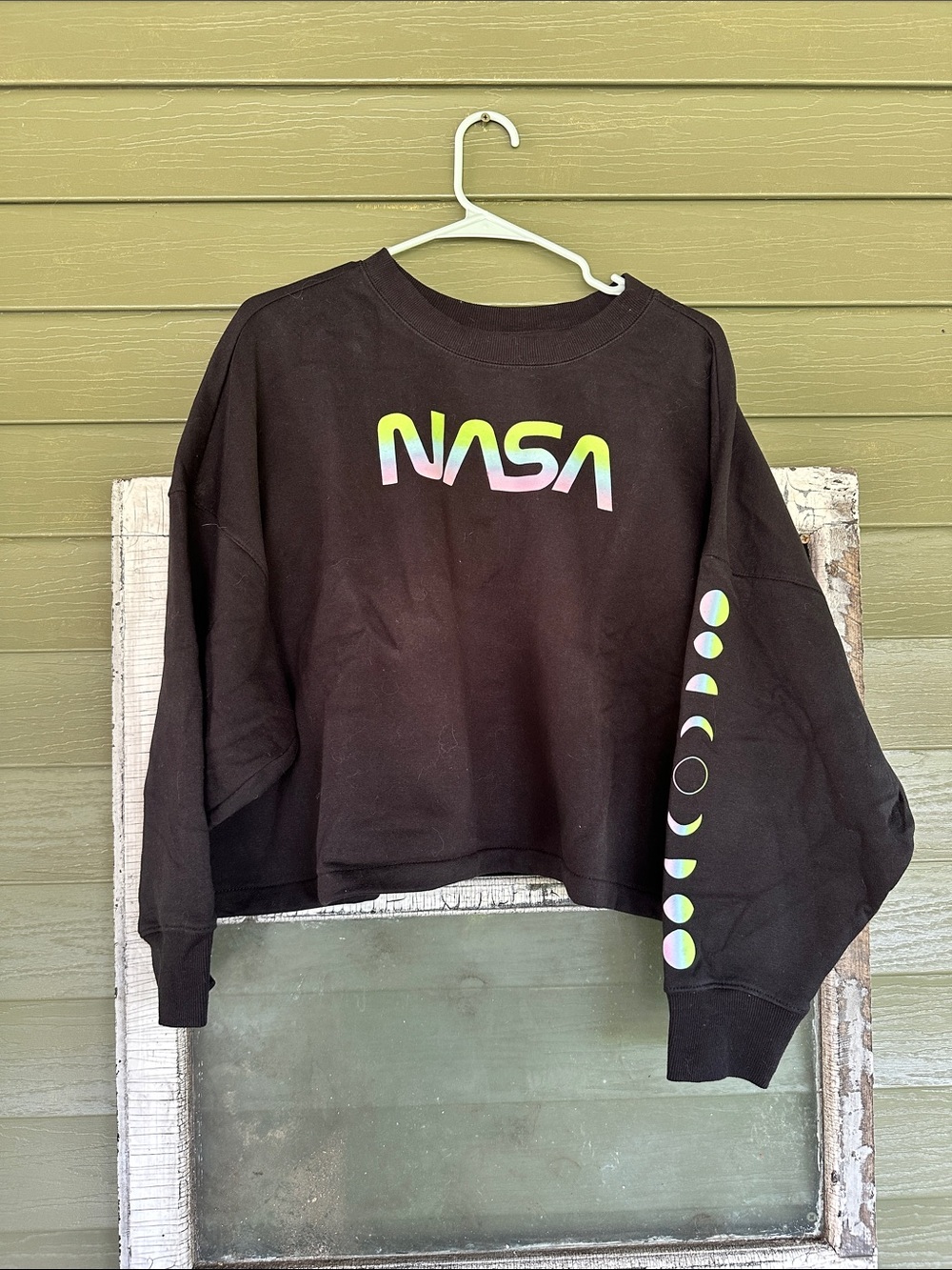 NASA Black Crop Sweatshirt with Iridescent Logo